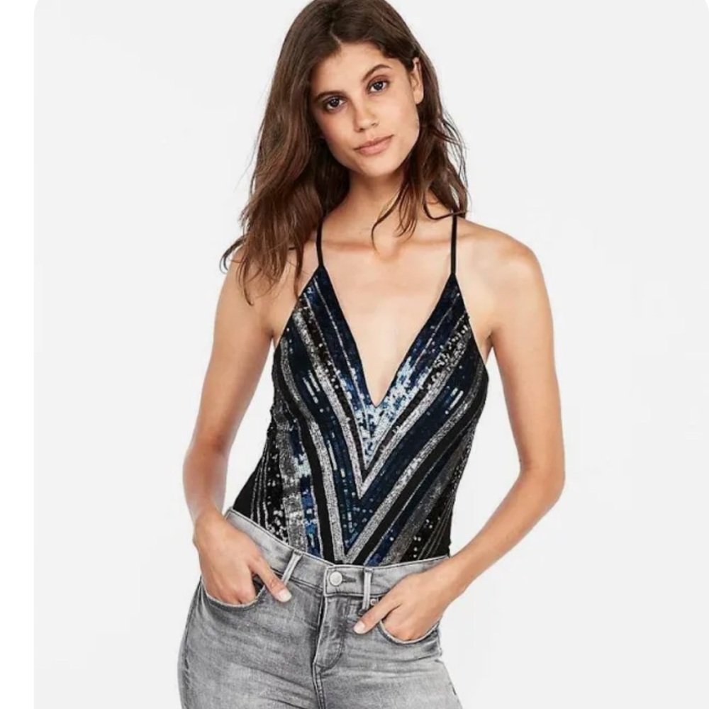 Express Blue & Silver Sequined Black Bodysuit Size XXS